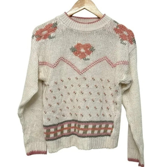 Vintage Handmade Crew Neck Floral Knit Pullover Sweater Neutrals Women's Medium - Picture 1 of 14